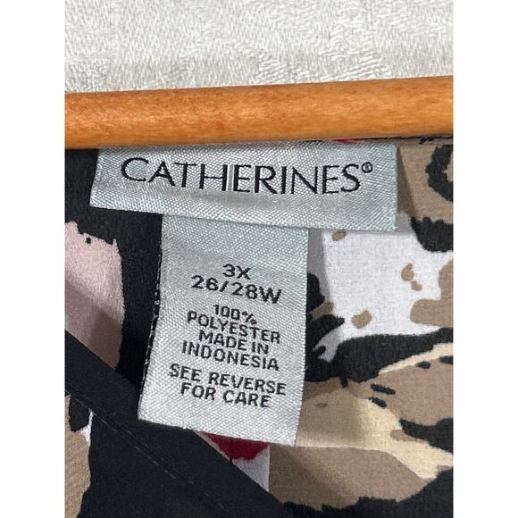 Catherines Top 3X Black Tan Red Abstract Floral Sheer Ruffle Flare Sleeve - Picture 5 of 9